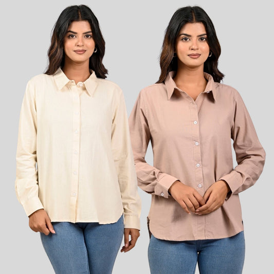 Women Off White And Peach Solid Airy Linen Cotton Shirts Combo