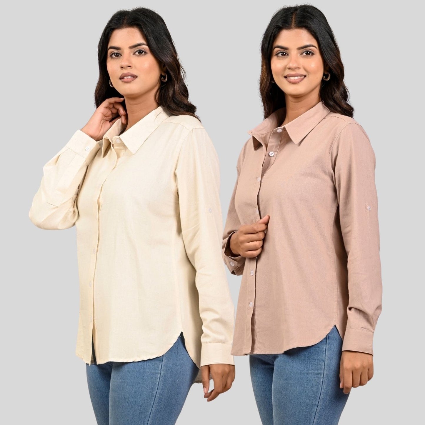 Women Off White And Peach Solid Airy Linen Cotton Shirts Combo