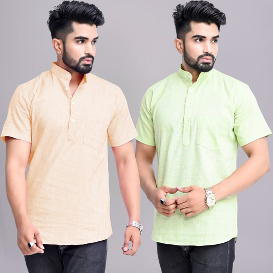 Pack of 2 Mens Solid Off White And Parrot Green Khadi Cotton Short Kurta Combo
