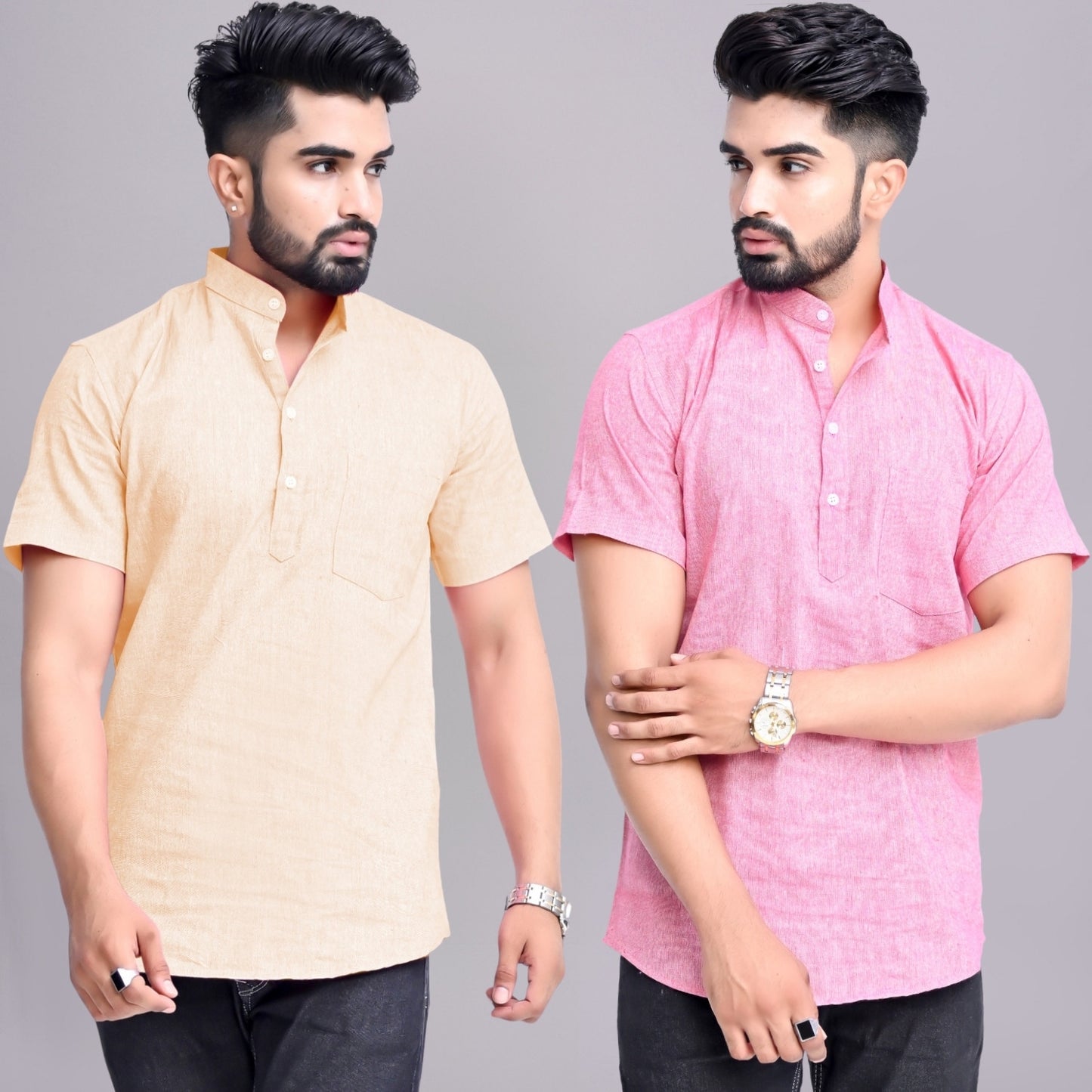 Pack of 2 Mens Solid Off White And Pink Khadi Cotton Short Kurta Combo