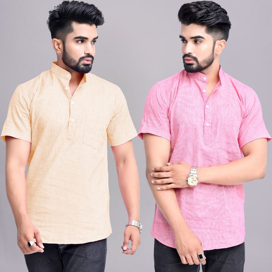 Pack of 2 Mens Solid Off White And Pink Khadi Cotton Short Kurta Combo