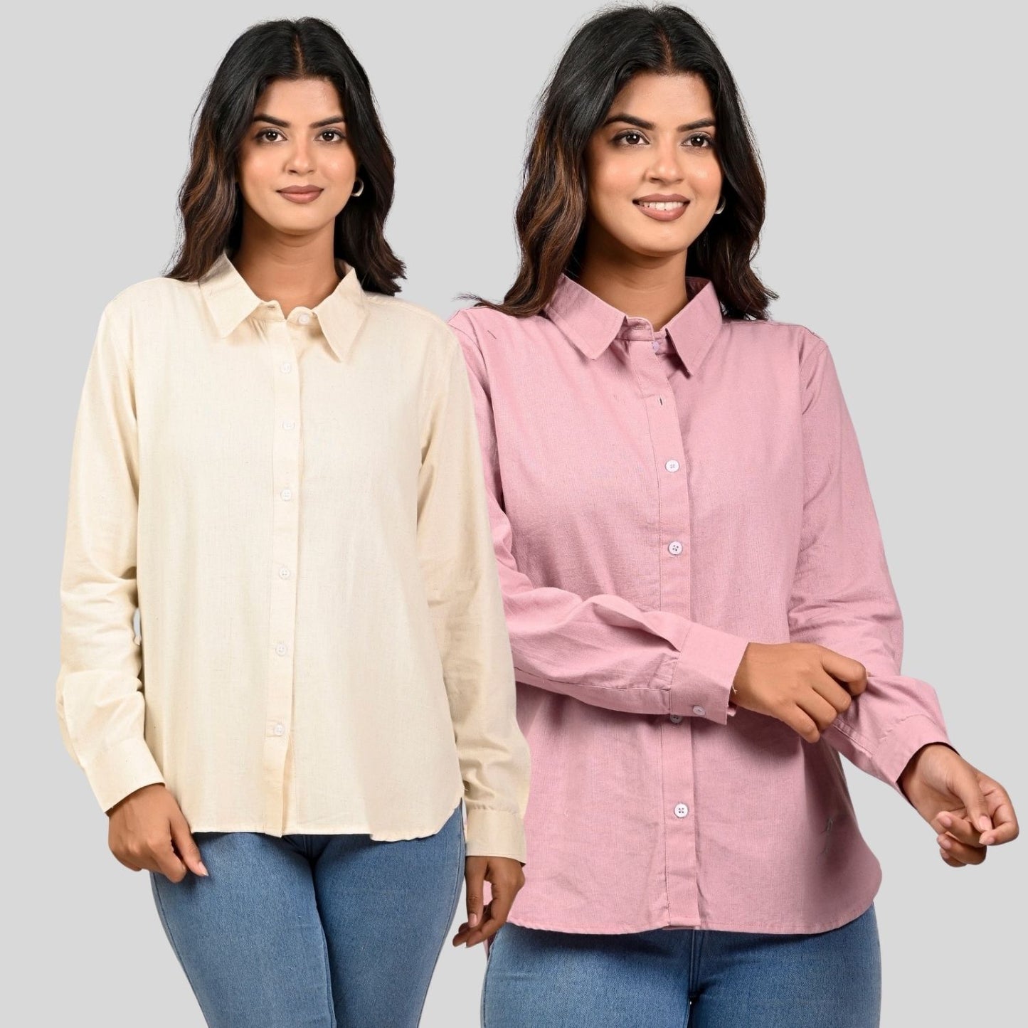 Women Off White And Pink Solid Airy Linen Cotton Shirts Combo