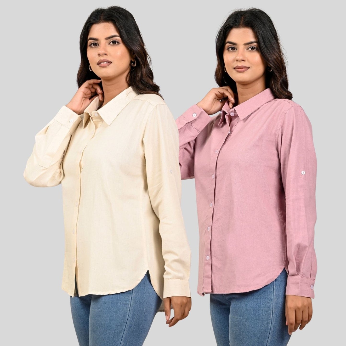 Women Off White And Pink Solid Airy Linen Cotton Shirts Combo