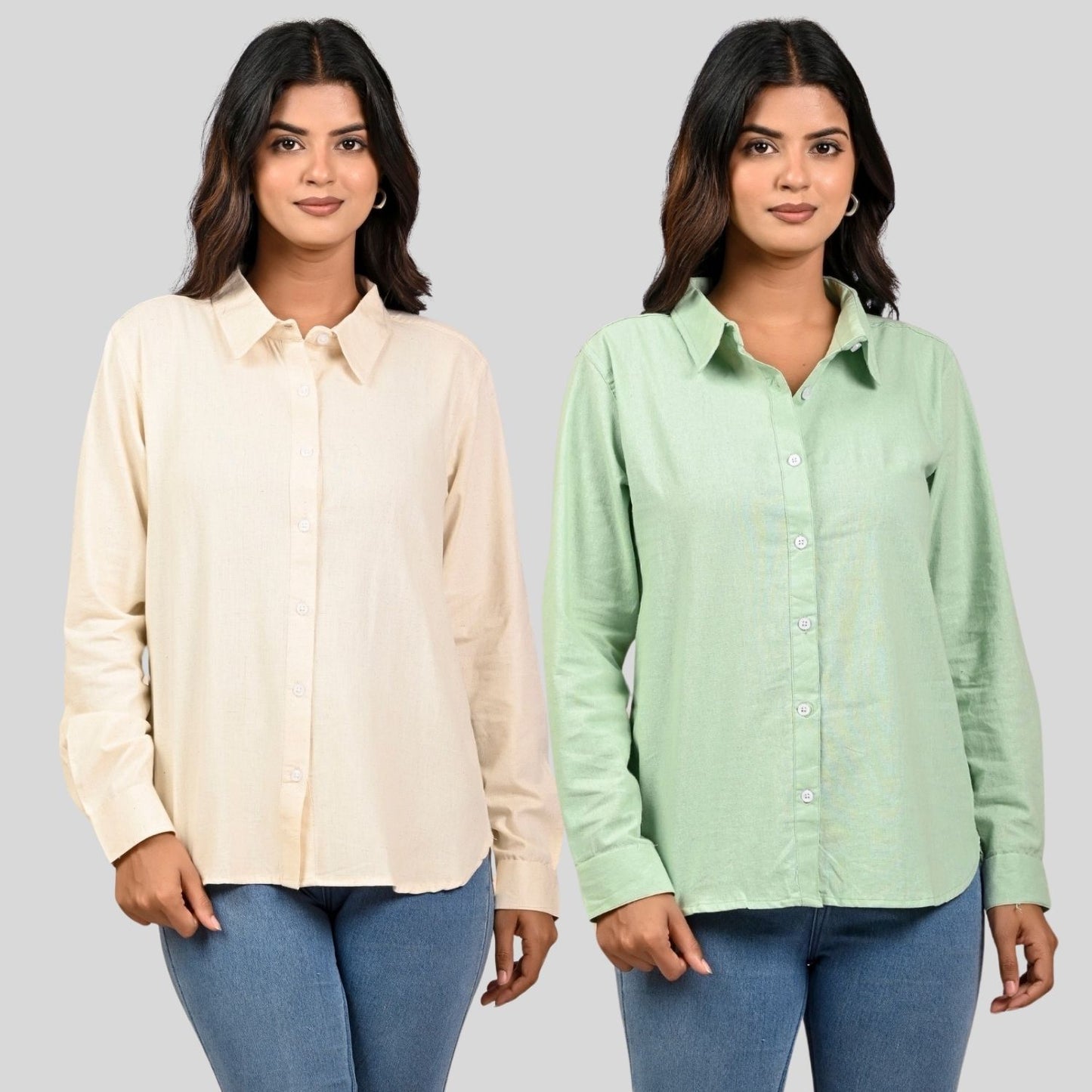 Women Off White And Pista Green Solid Airy Linen Cotton Shirts Combo