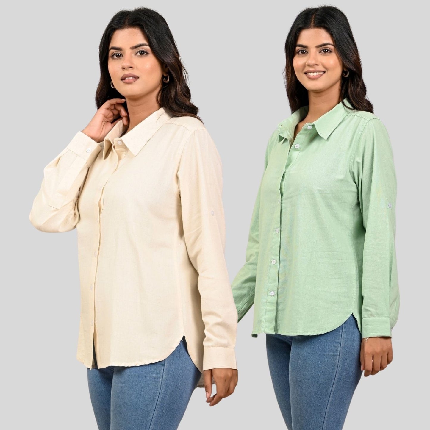 Women Off White And Pista Green Solid Airy Linen Cotton Shirts Combo