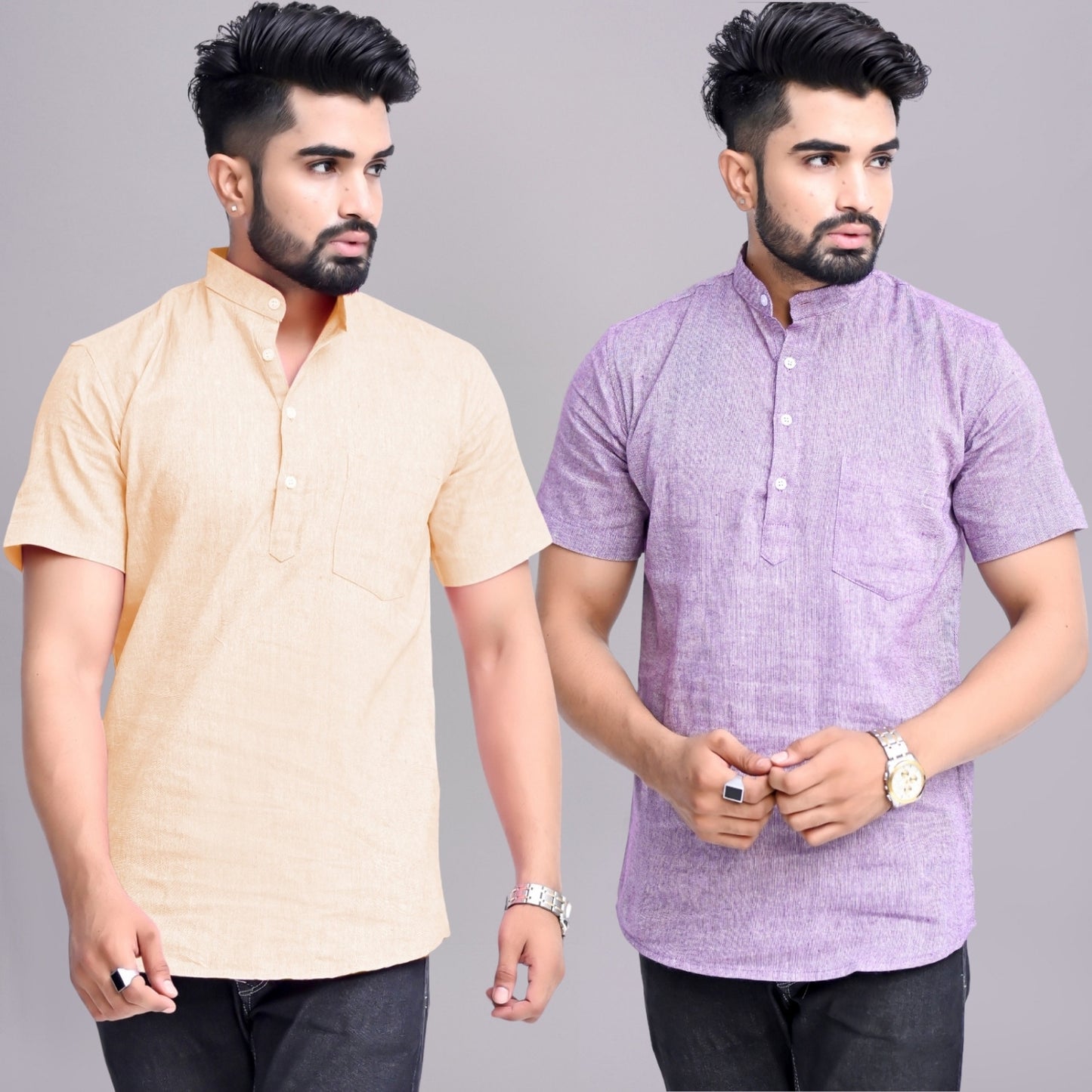 Pack of 2 Mens Solid Off White And Purple Khadi Cotton Short Kurta Combo