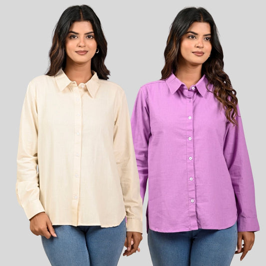 Women Off White And Purple Solid Airy Linen Cotton Shirts Combo