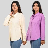 Women Off White And Purple Solid Airy Linen Cotton Shirts Combo