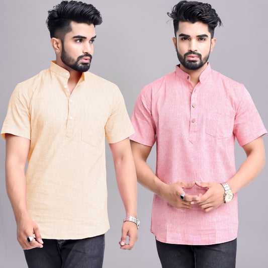 Pack of 2 Mens Solid Off White And Red Khadi Cotton Short Kurta Combo