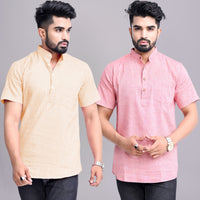 Pack of 2 Mens Solid Off White And Red Khadi Cotton Short Kurta Combo