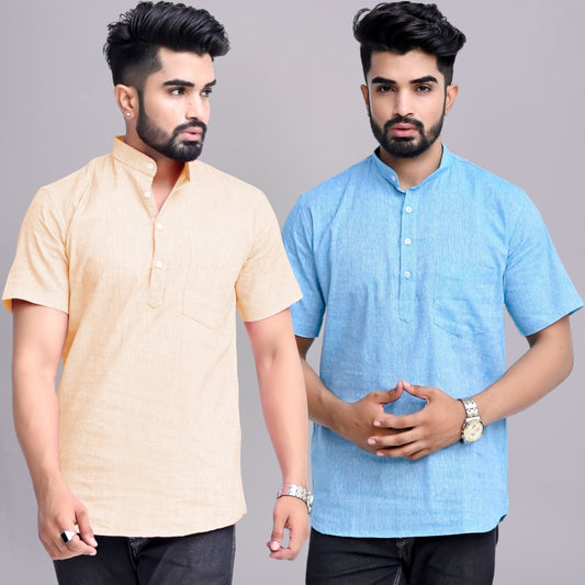 Pack of 2 Mens Solid Off White And Sky Blue Khadi Cotton Short Kurta Combo
