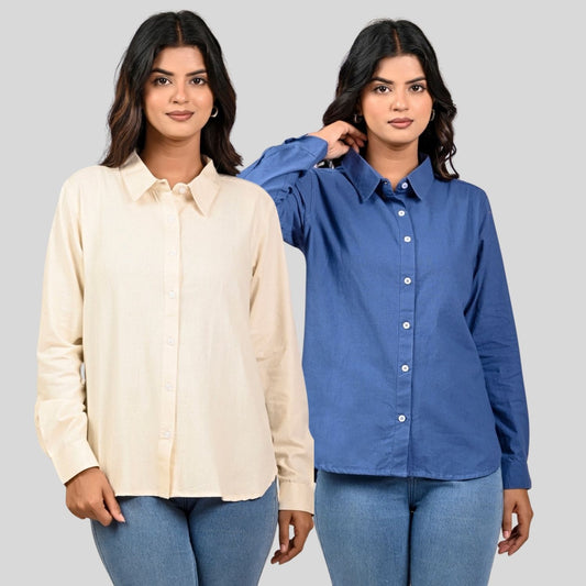 Women Off White And Teal Blue Solid Airy Linen Cotton Shirts Combo