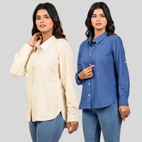 Women Off White And Teal Blue Solid Airy Linen Cotton Shirts Combo