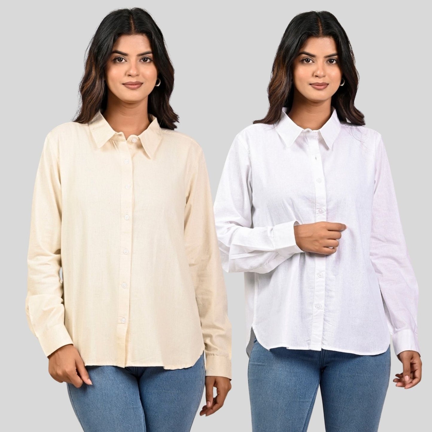 Women Off White And White Solid Airy Linen Cotton Shirts Combo