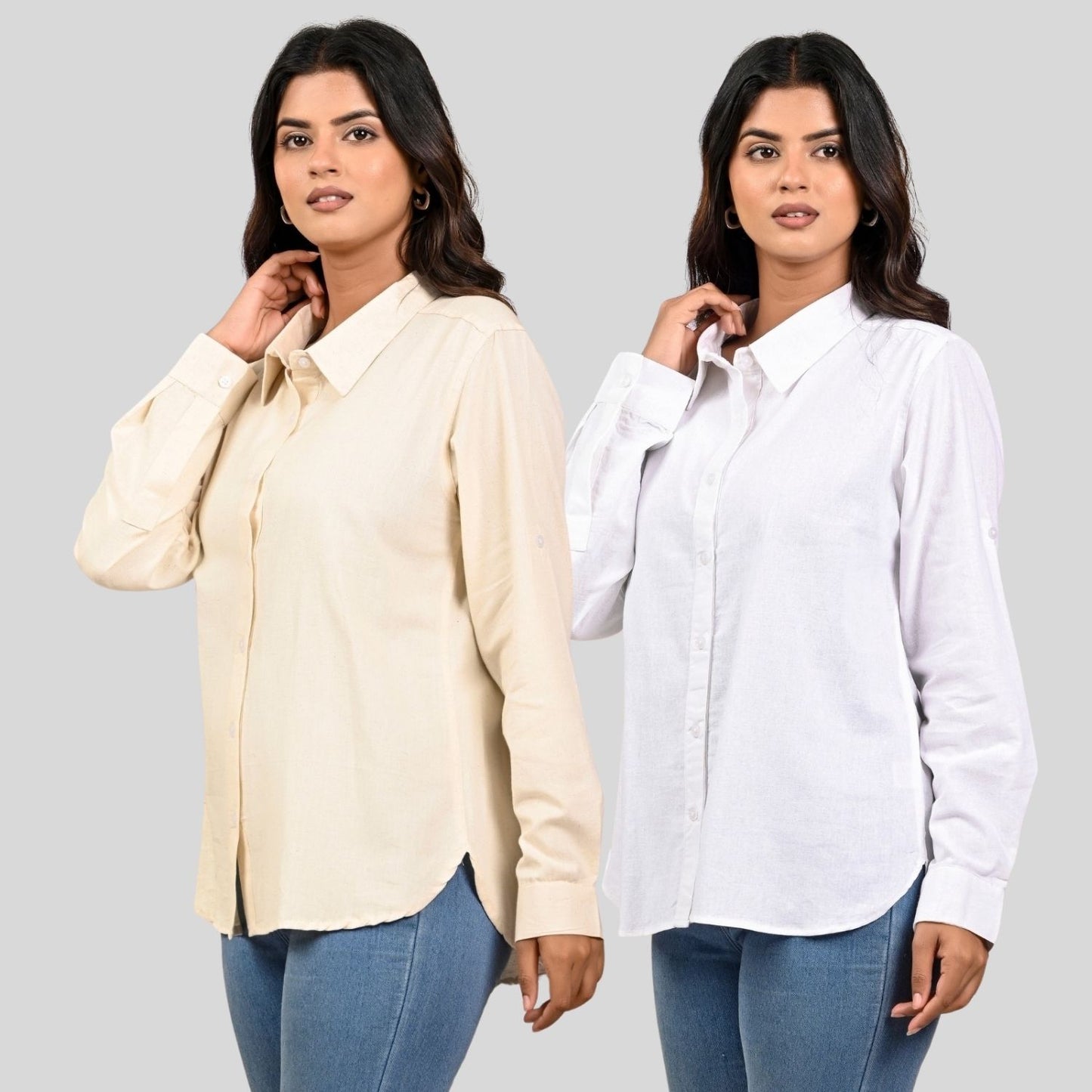 Women Off White And White Solid Airy Linen Cotton Shirts Combo