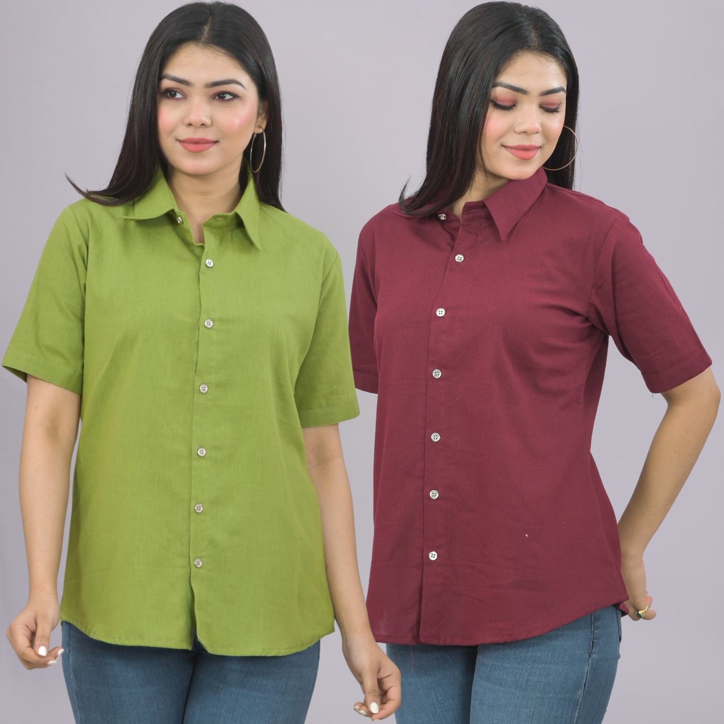 Pack Of 2 Womens Solid Olive Green And Wine Half Sleeve Cotton Shirts Combo