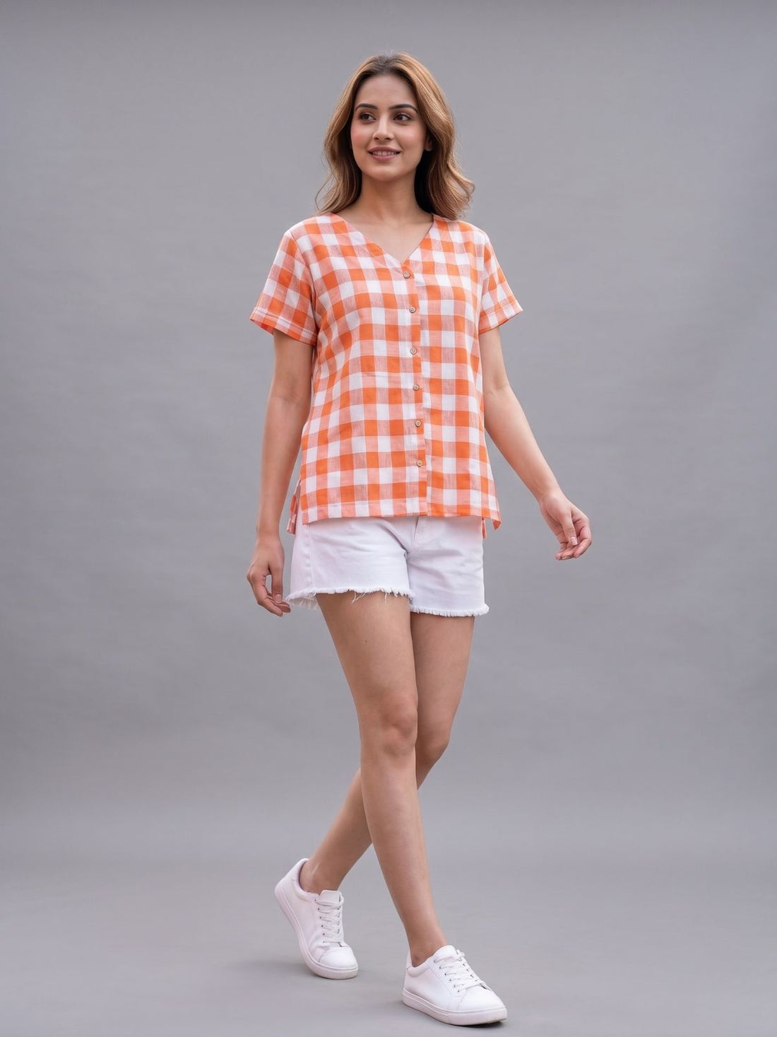 Women Orange Cotton Checks Shirt