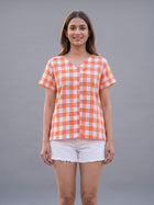 Women Orange Cotton Checks Shirt