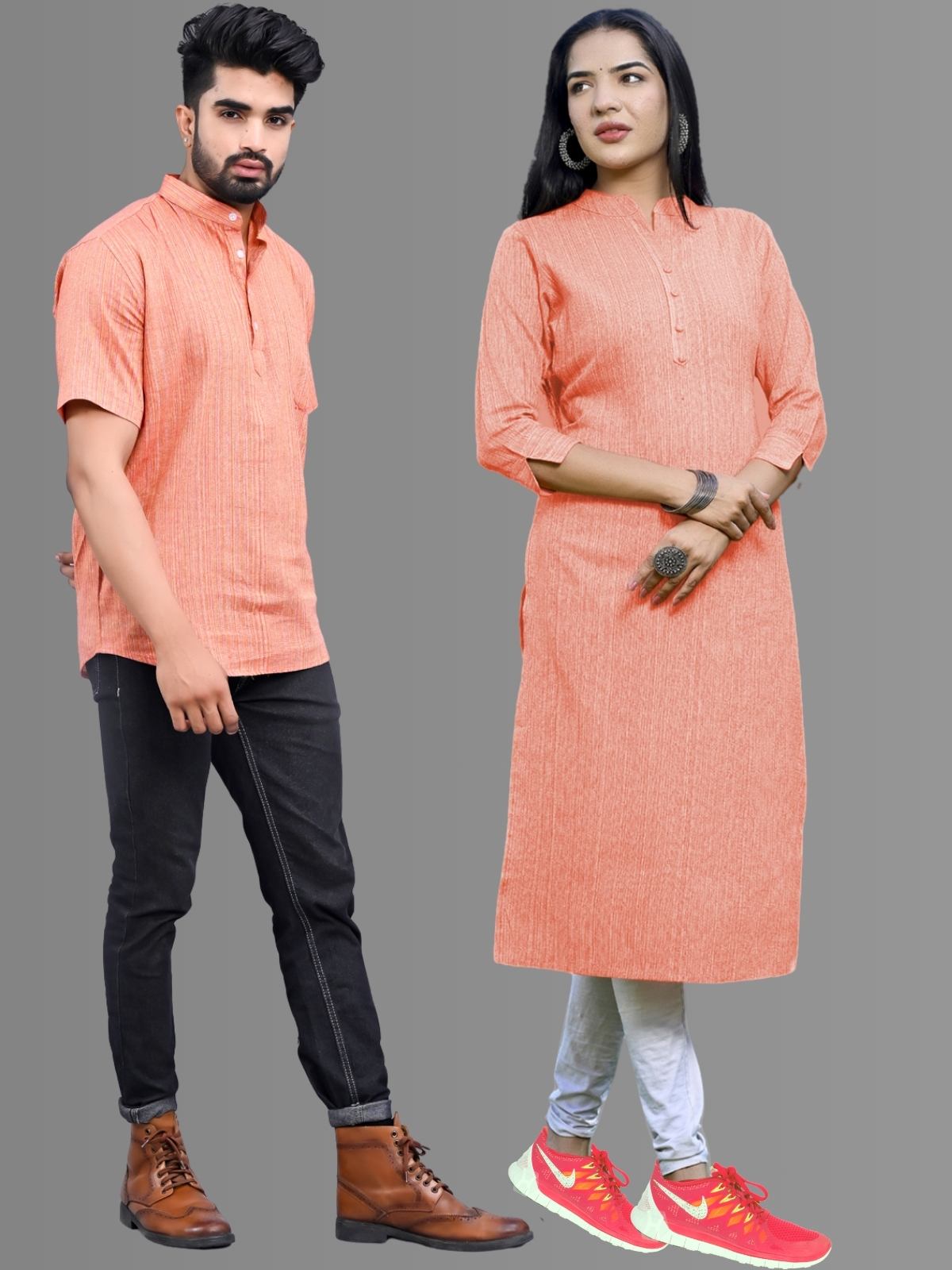 Ethnic Wear Khadi Cotton Orange Multistripe Couple Kurta Set