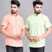 Pack of 2 Mens Solid Orange And Parrot Green Khadi Cotton Short Kurta Combo