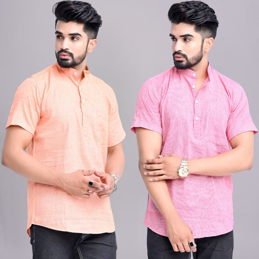 Pack of 2 Mens Solid Orange And Pink Khadi Cotton Short Kurta Combo