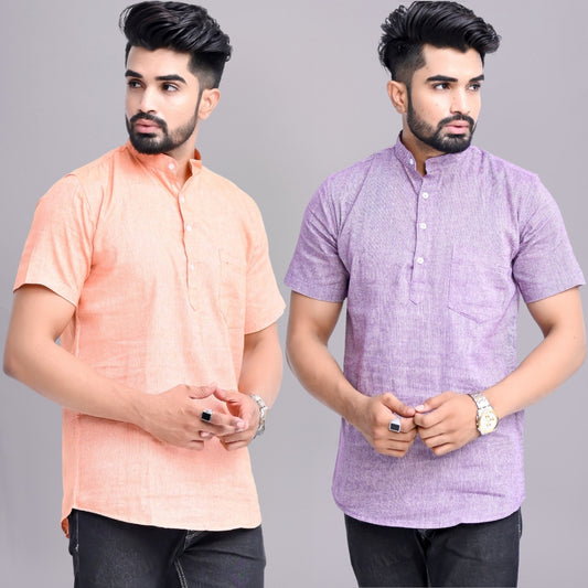 Pack of 2 Mens Solid Orange And Purple Khadi Cotton Short Kurta Combo