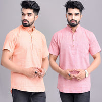 Pack of 2 Mens Solid Orange And Red Khadi Cotton Short Kurta Combo