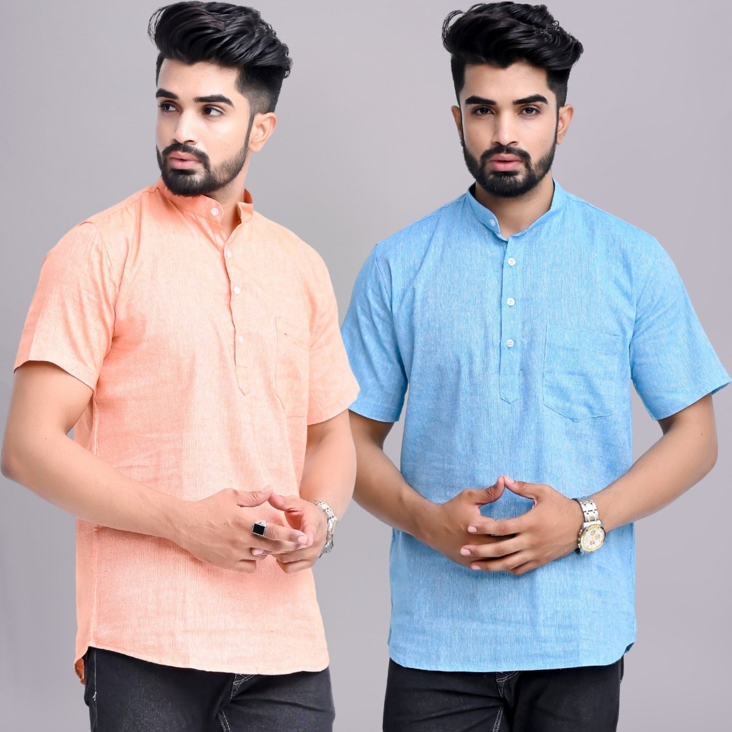 Pack of 2 Mens Solid Orange And Sky Blue Khadi Cotton Short Kurta Combo