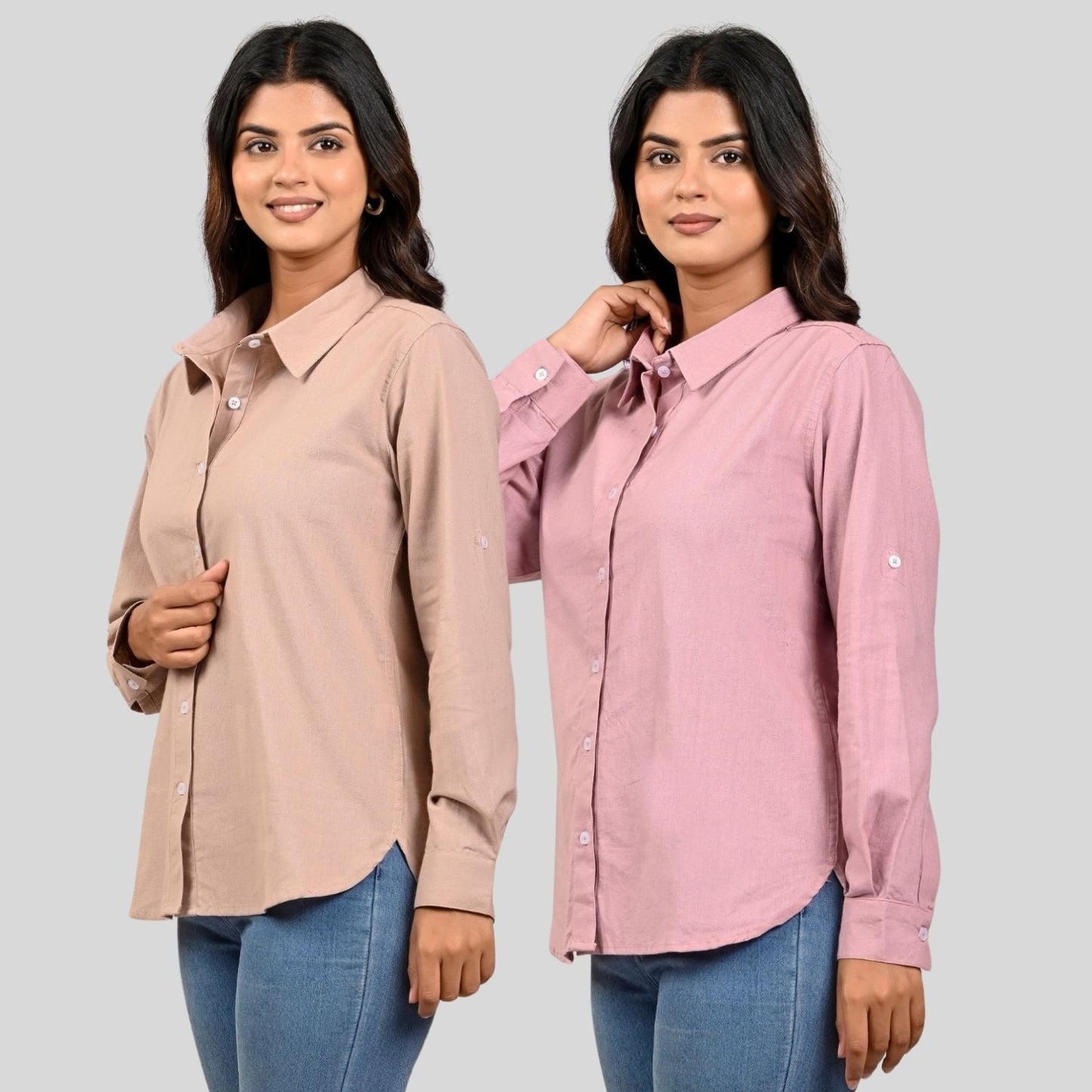 Women Peach And Pink Solid Airy Linen Cotton Shirts Combo