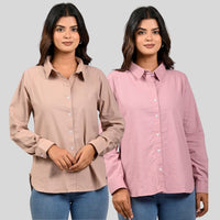 Women Peach And Pink Solid Airy Linen Cotton Shirts Combo