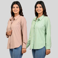 Women Peach And Pista Green Solid Airy Linen Cotton Shirts Combo