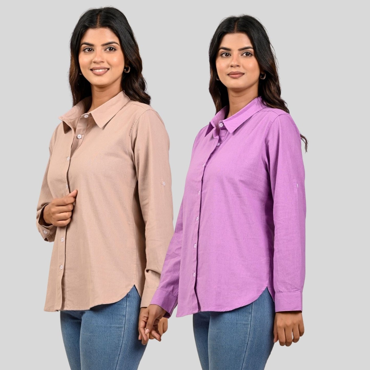 Women Peach And Purple Solid Airy Linen Cotton Shirts Combo