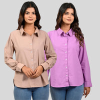 Women Peach And Purple Solid Airy Linen Cotton Shirts Combo