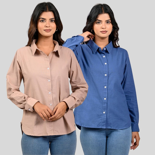 Women Peach And Teal Blue Solid Airy Linen Cotton Shirts Combo