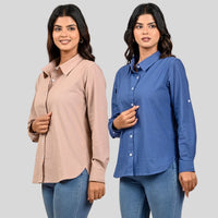 Women Peach And Teal Blue Solid Airy Linen Cotton Shirts Combo