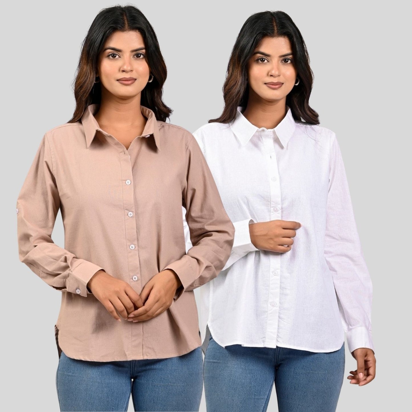 Women Peach And White Solid Airy Linen Cotton Shirts Combo