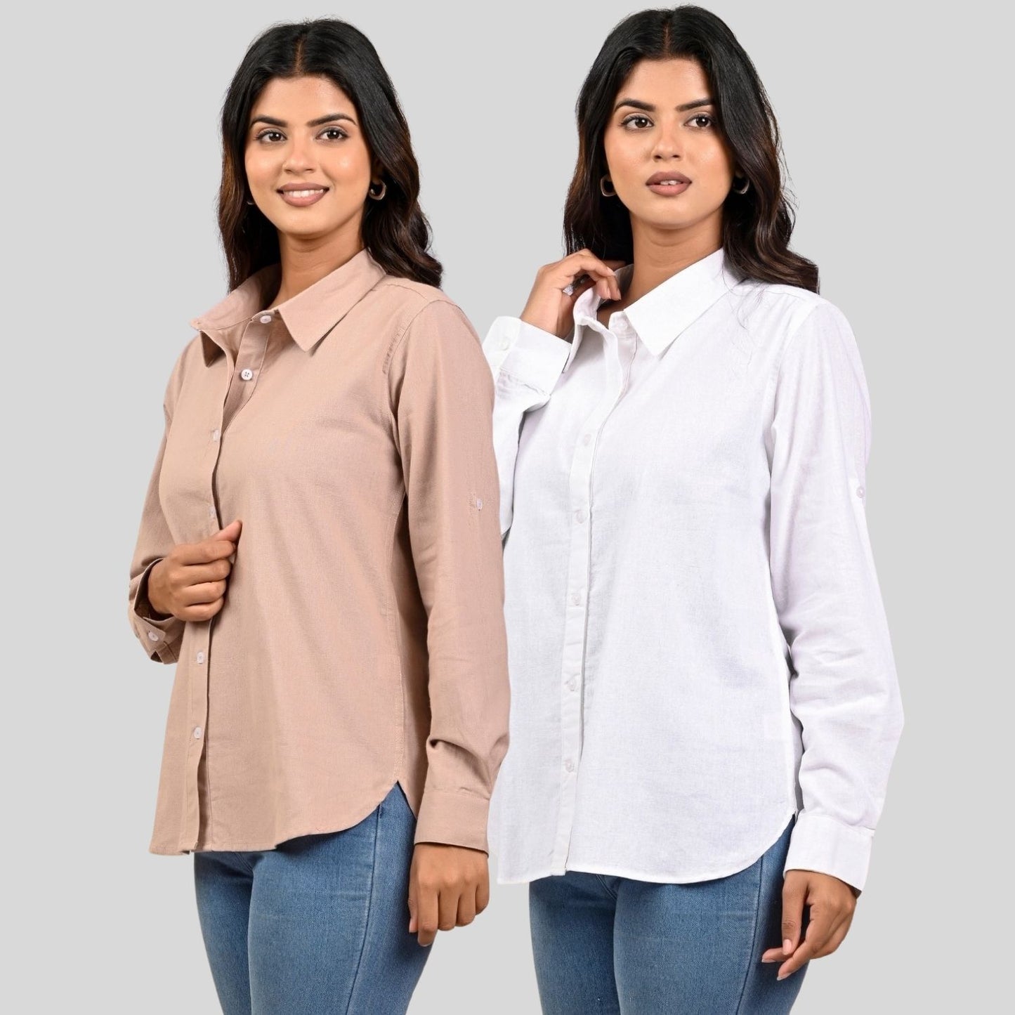 Women Peach And White Solid Airy Linen Cotton Shirts Combo