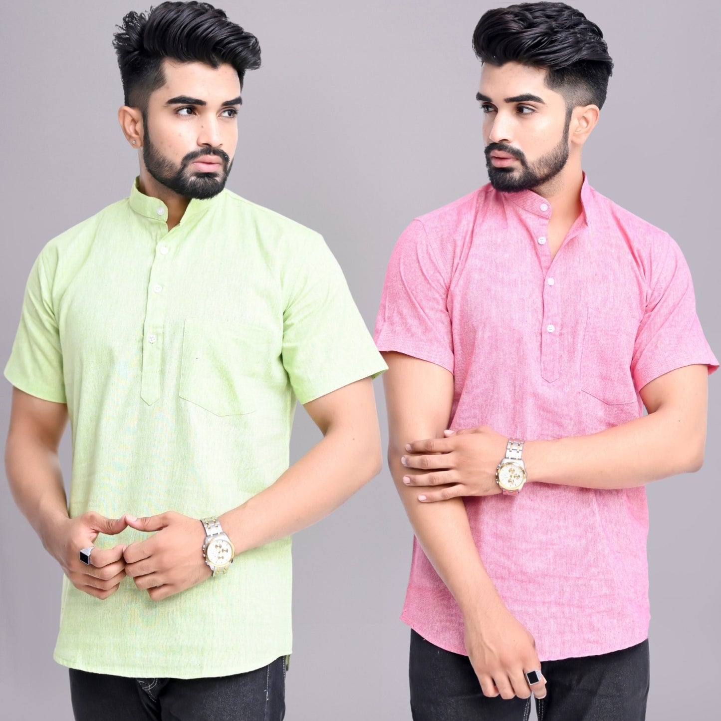 Pack of 2 Mens Solid Parrot Green And Pink Khadi Cotton Short Kurta Combo