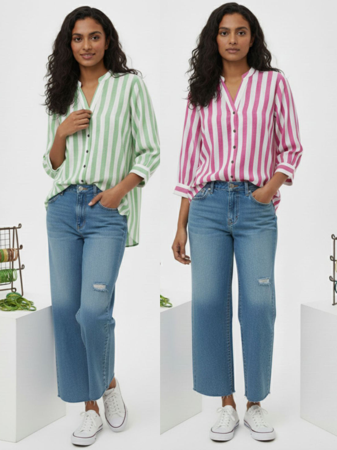 Pack Of 2 Green And Pink Shoulder Stripe Shirts