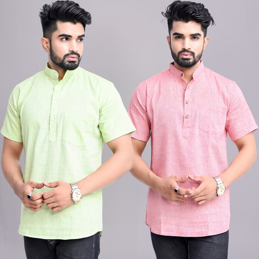 Pack of 2 Mens Solid Parrot Green And Red Khadi Cotton Short Kurta Combo