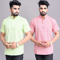 Pack of 2 Mens Solid Parrot Green And Red Khadi Cotton Short Kurta Combo
