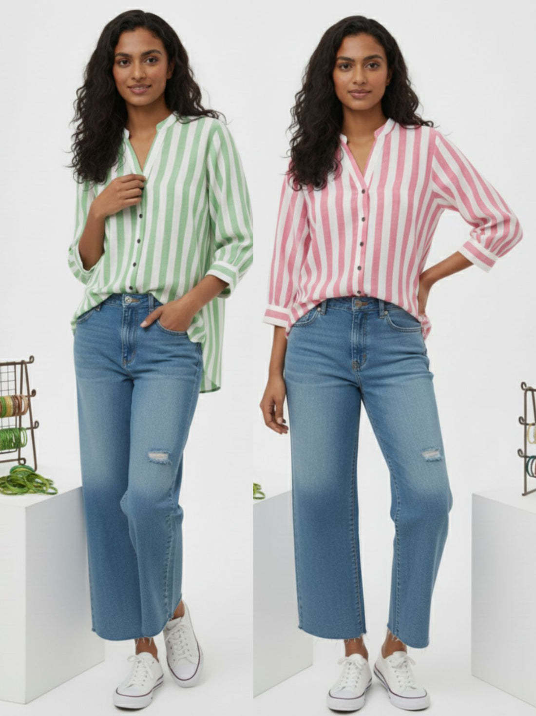 Pack Of 2 Green And Red Shoulder Stripe Shirts