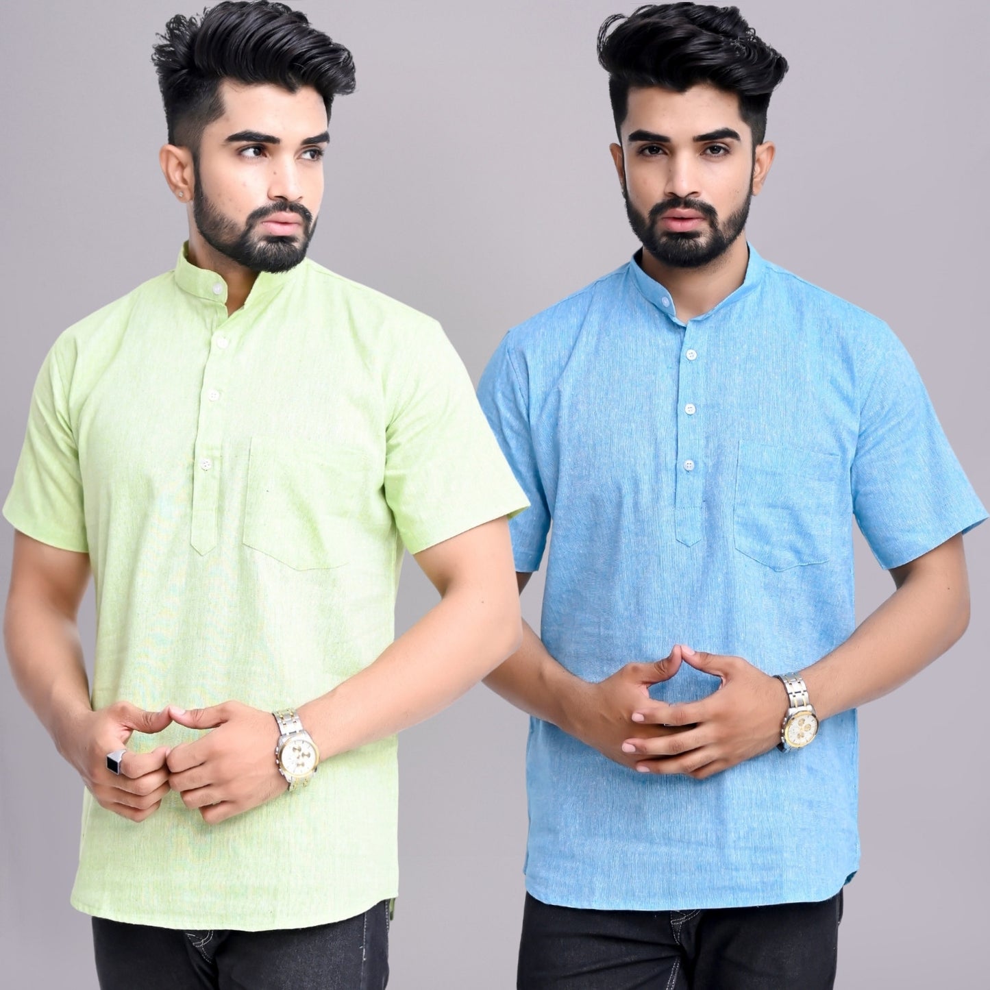 Pack of 2 Mens Solid Parrot Green And Sky Blue Khadi Cotton Short Kurta Combo