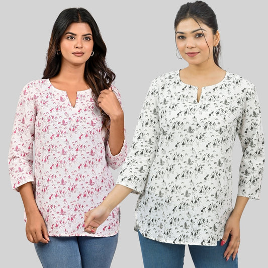 Pack Of 2 Womens Regular Fit Pink And Black Vactor Printed Tops Combo