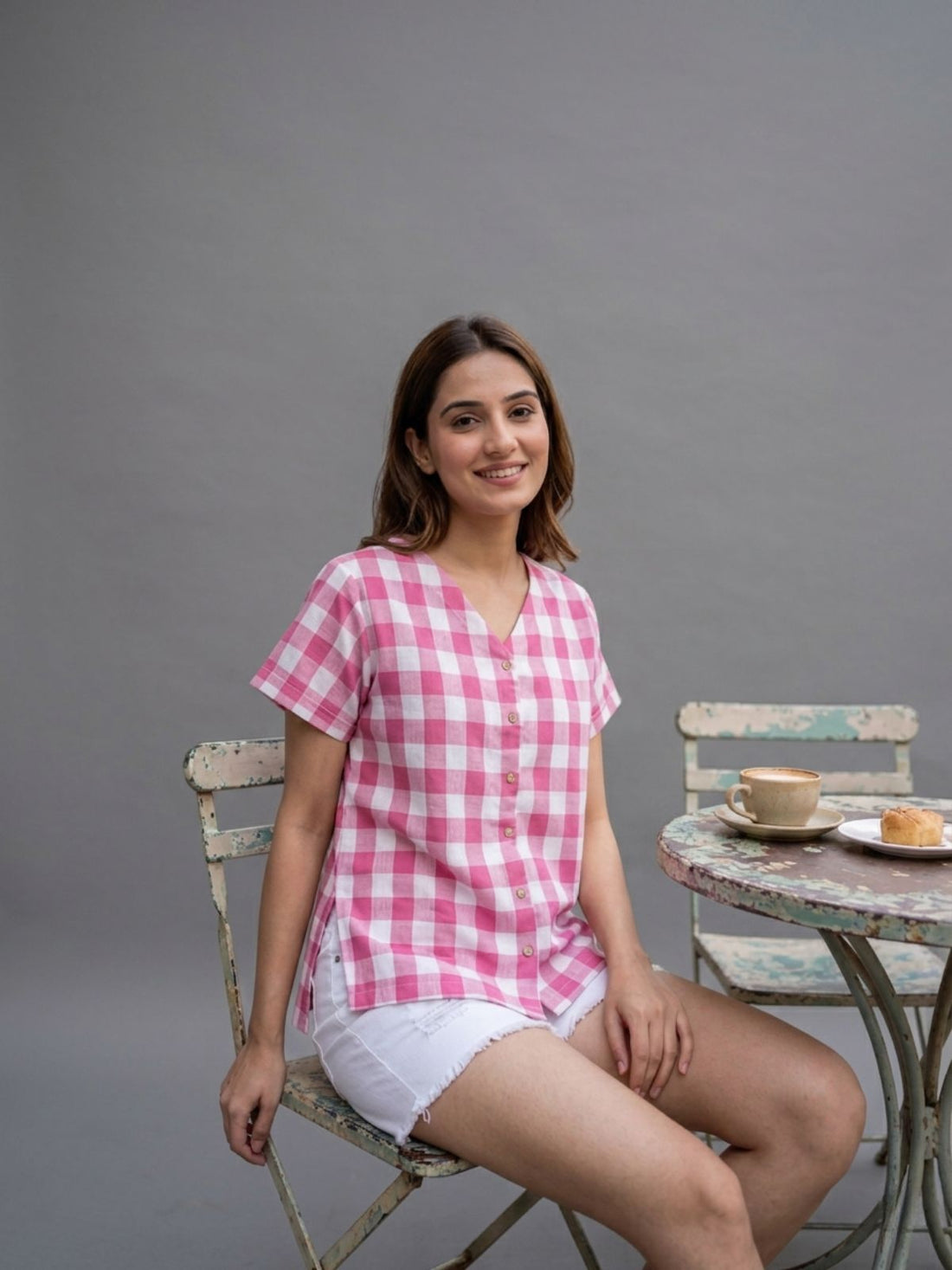 Women Pink Cotton Checks Shirt