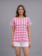 Women Pink Cotton Checks Shirt