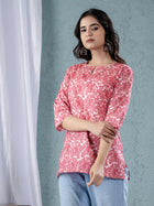 Womens Pink Sanganeri Printed Cotton Short Kurti