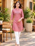 Pink Cotton Stripe Short Kurti