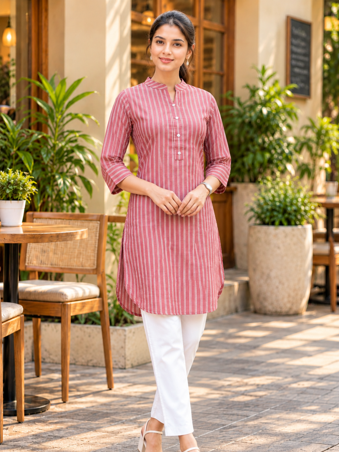 Pink Cotton Stripe Short Kurti