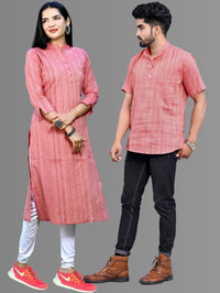 Ethnic Wear Khadi Cotton Pink Multistripe Couple Kurta Set